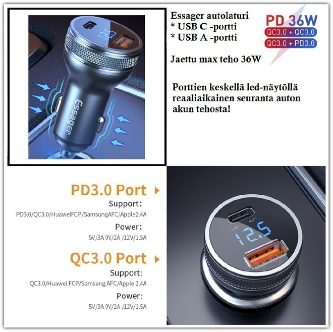 ESSAGER USB PD/QC-autolaturi - näytöllä akun jännite #30006