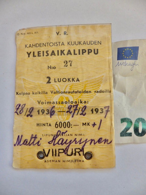 VANHA Kausilippu Valokuvalla VR Rautatie 1936 Viipuri 6000mk