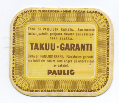 Kahvilappu Paulig  TAKUU-GARANTI