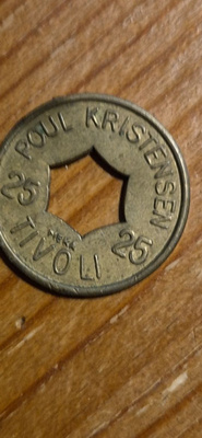 Vanha tanskalainen Poul Kristensen Tivoli 25 -rahake, 23 mm