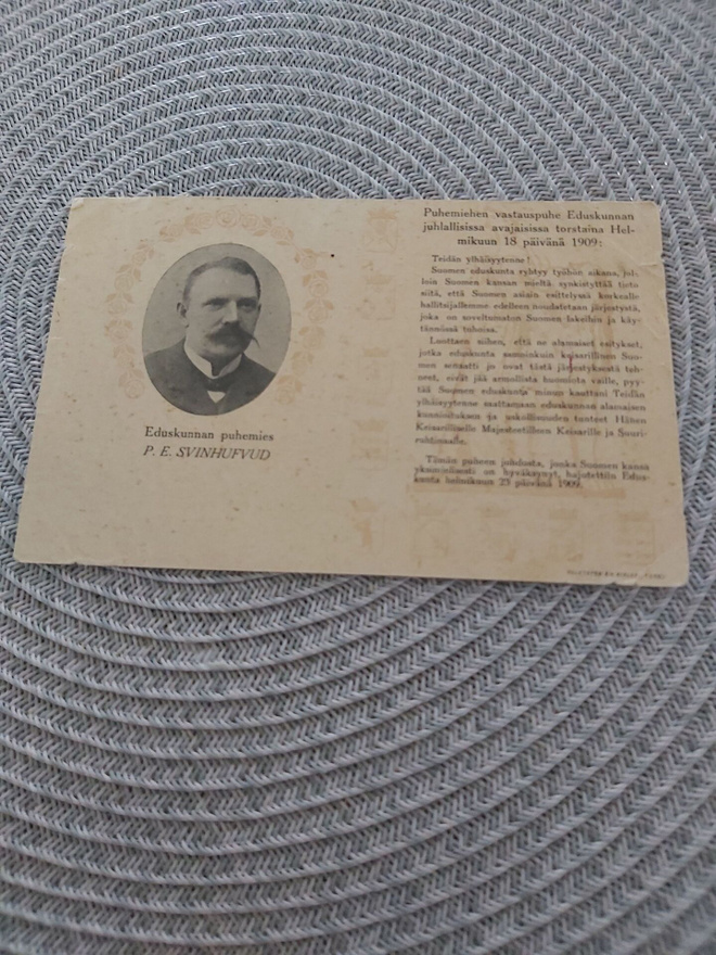 Eduskunnan puhemies P.E.Svinhufvud kortti