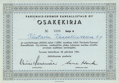 OKK 1961 Varsinais-Suomen Kansallistalo Oy, Turku osakekirja