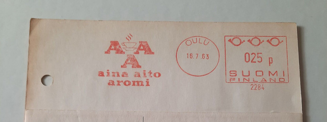 Kuva/firmaleima, AinaAitoAromi, Oulu 16.7.63