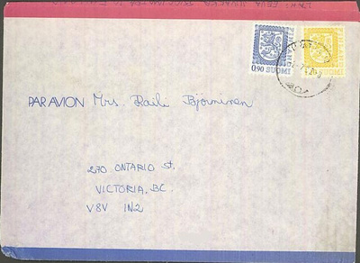 1979 1,1mk keltainen leijona ym lentokirje Kanadaan