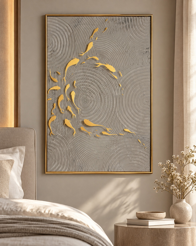 Käsintehty 3D-taulu 50 × 70 cm – kultaiset kalat
