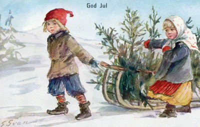 Vanha joulukortti-lapset ja joulukuuset