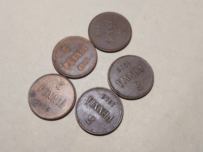 5 penniä Cu 1916 5 kpl