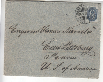 Venäjä 1908 10 kop kirjeellä Torniosta  Pittsburggiin.