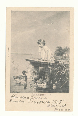 Tyttö ja sorsia - vanha Carte Postale