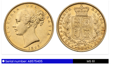 Iso-Britannia 1 Sovereign 1862 kultaraha MS61