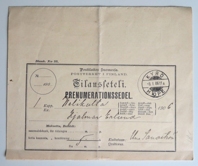 TILAUSSETELI v. 1906 - leima KYRÖ 8.1.1906 -