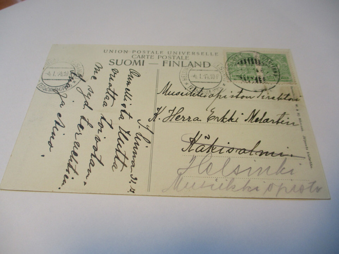 1914 Savonlinna kortti os säveltäjä Erkki Malartin Hkiin