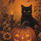 Halloween musta kissa ja kynttilä, suuri kurpitsa - pikkukuva 1