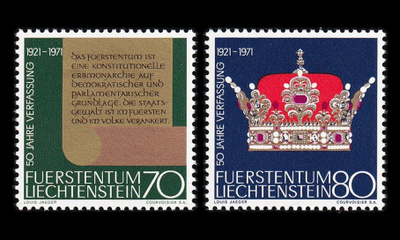 Liechtenstein 546-7 ** Uusi perustuslaki 50v (1971)
