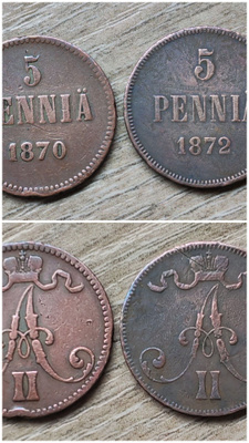 5 PENNIÄ pari v. 1870 ja 1872 (Aleksanteri II)
