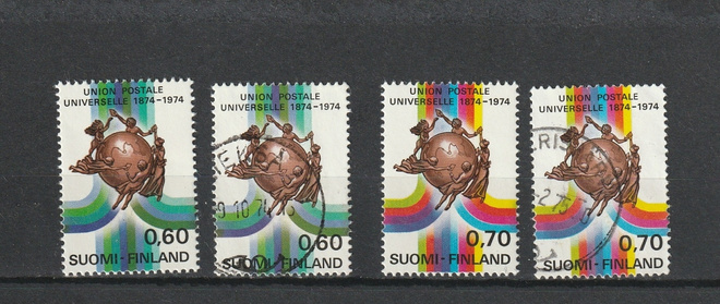 1974 UPU-100-Vuotta merkit leimattuina ja **
