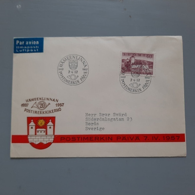 FDC Suomi M-54 II 60mk EL teemakuori Hämeenlinna, Ruotsiin