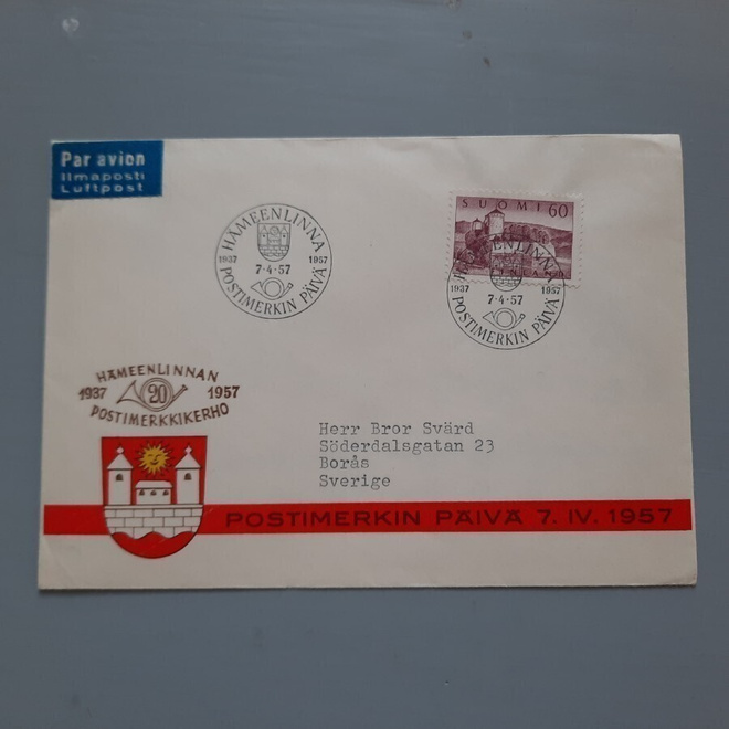 FDC Suomi M-54 II 60mk EL teemakuori Hämeenlinna, Ruotsiin