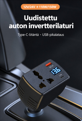 150W Autoinvertteri 12V/24V -> 220V + QC3.0 / PD #31625