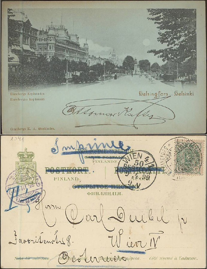 Helsinki Runebergin Esplanaati 1899 postikortti Itävaltaan