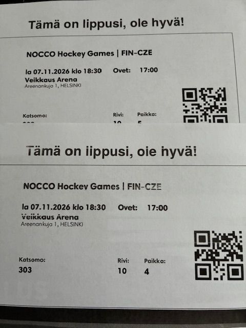 Suomi-Tsekki 2 lippua NOCCO Hockey Games la 7.11.
