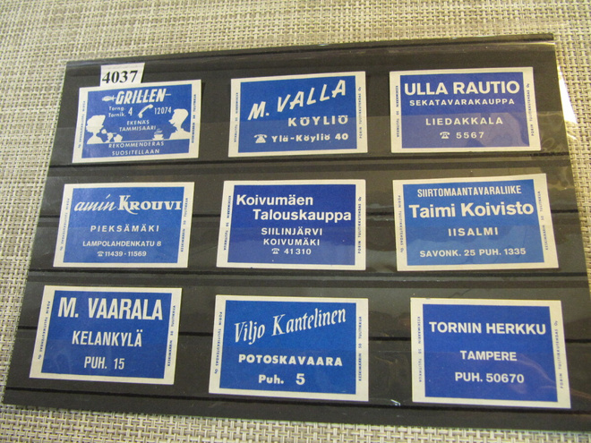 Tulitikkuetikettejä 9 kpl. Mm. M.Vaarala Kelankylä