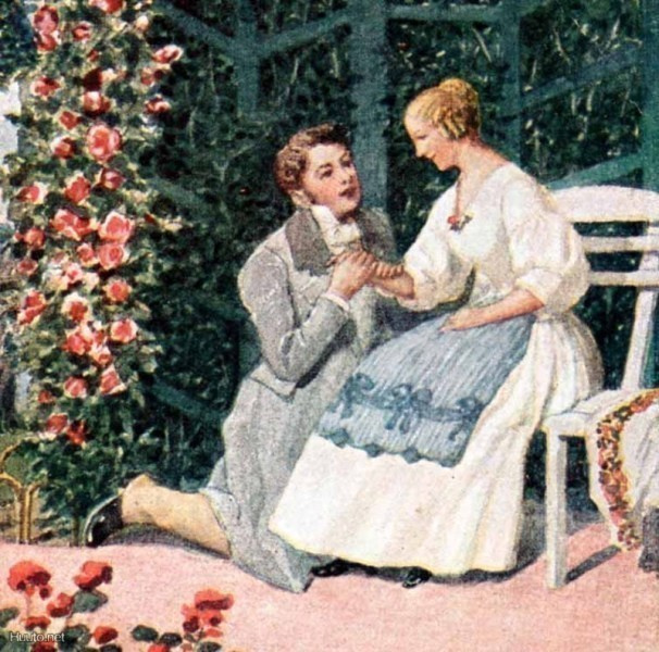 RAKKAUS / Mies polvillaan tytön luona ruusutarhassa. 1900-l.