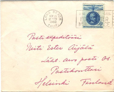 POSTILÄHETYS MANNERHEIM MERKKI USA CALIF.-HELSINKI
