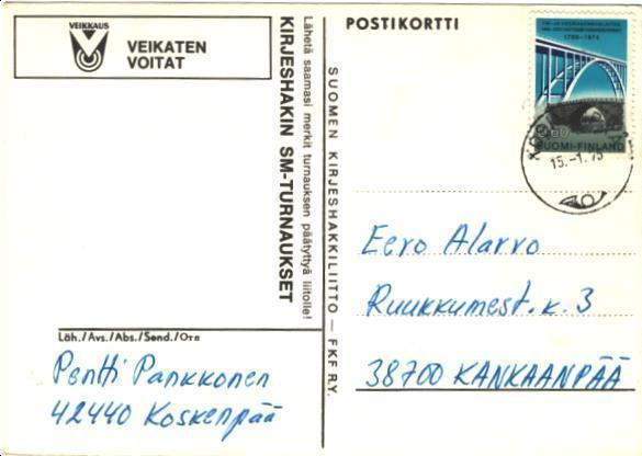 POSTILÄHETYS KIRJE SAKKI KOSKENPÄÄ- KANKAANPÄÄ