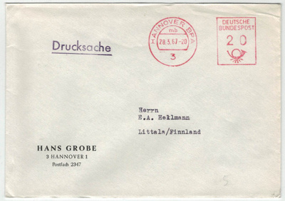 BRD 1967 painotuotekirje frankkeerausleimalla Suomeen
