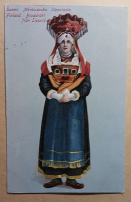 Sippola, morsiuspuku Sippolasta, vanha väripk, p. 1907