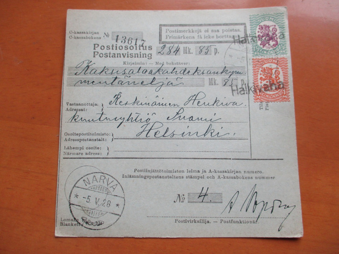 1928 Halkivaha rivil + Narva postiosoitus