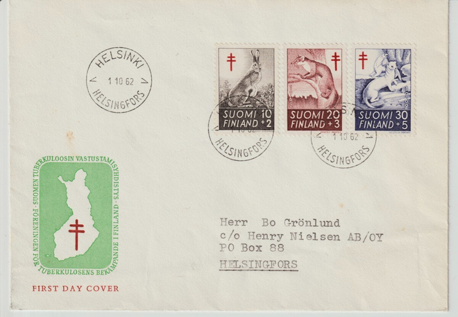 1962 Tuberkuloosi-sarja leimattuna ja FDC-kirjeenä