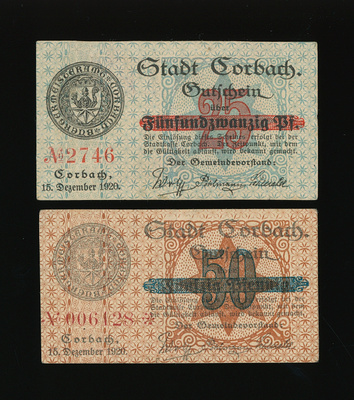 Saksa Notgeld 25, 50 Pfennig, Corbach 15.12.1920 VF