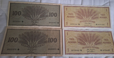 2 x 100mk tähti seteli (1955), 2 x 1mk tähti seteli (1963)