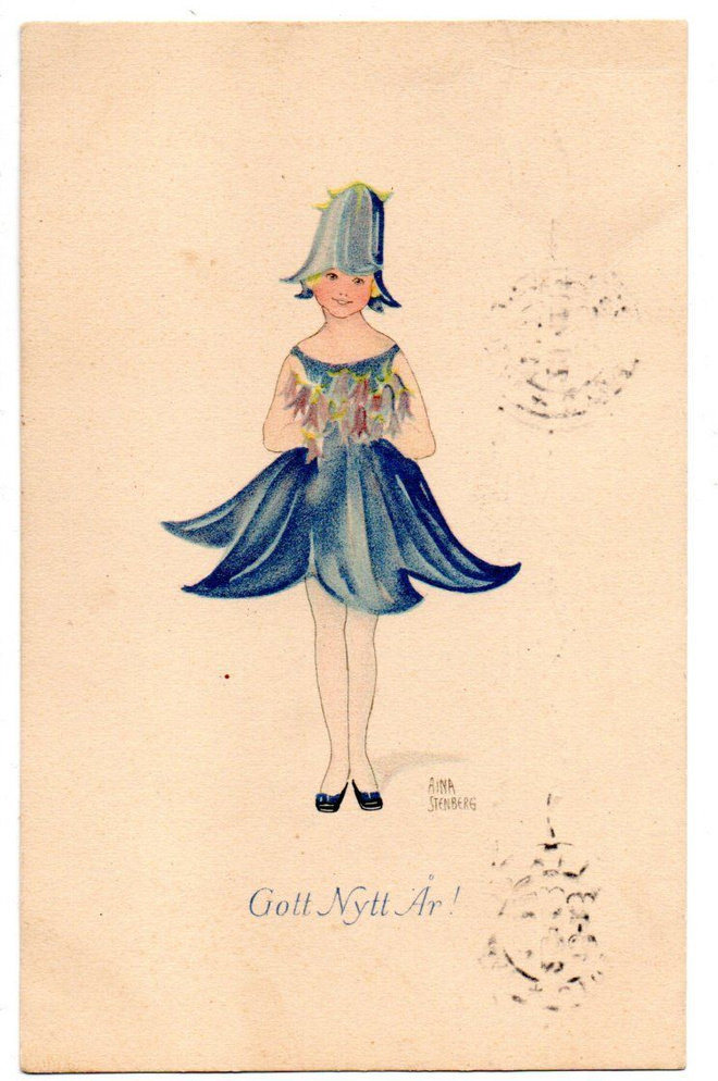 Vanha kortti, Aina Stenberg, kukkatyttö, vuodelta 1927