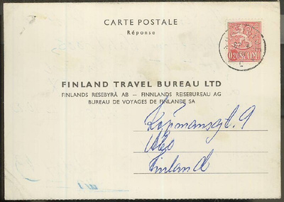 1963 20p postikorttivastaus Ruotsista 27.4.63