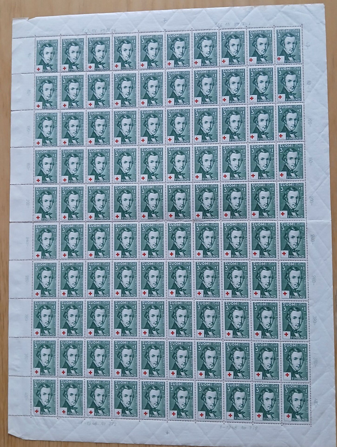 10.5.1948 Punainen Risti, 3mk+1mk vihreä arkki. LAPE 345**