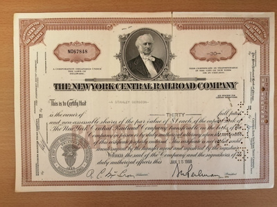 Rautatie New York Central Railroad Company 1968 osakekirja