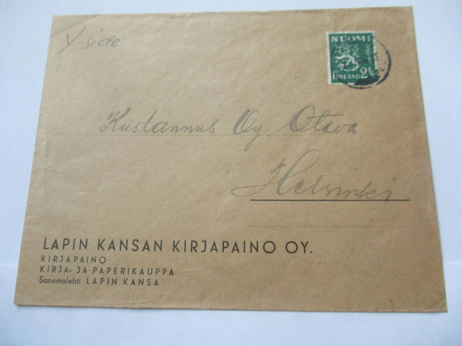 1947 Rovaniemi Lapin Kansan Kirjapaino ristiside