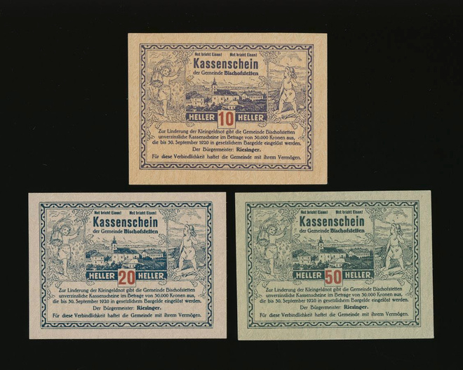 Itävalta Notgeld 10, 20, 50 Heller, Bischofstetten 1920