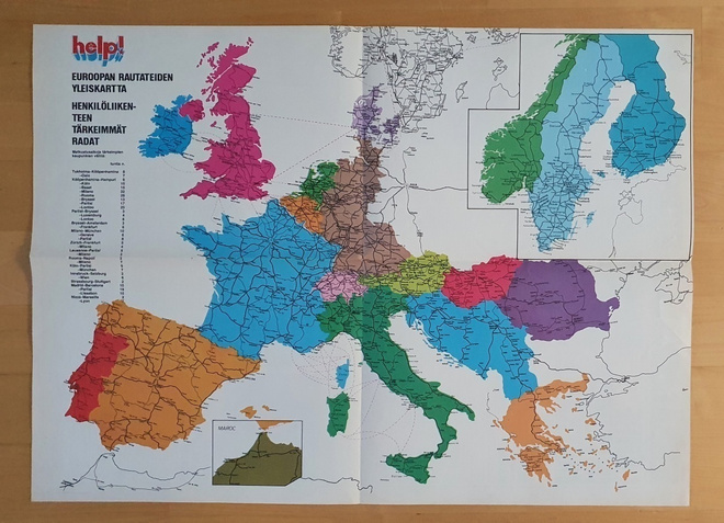 HELP! -lehden Euroopan rautateiden yleiskartta 70-luvulta