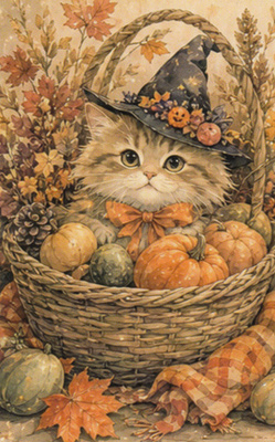 Pieni halloween-kissa kurpitsakorissa
