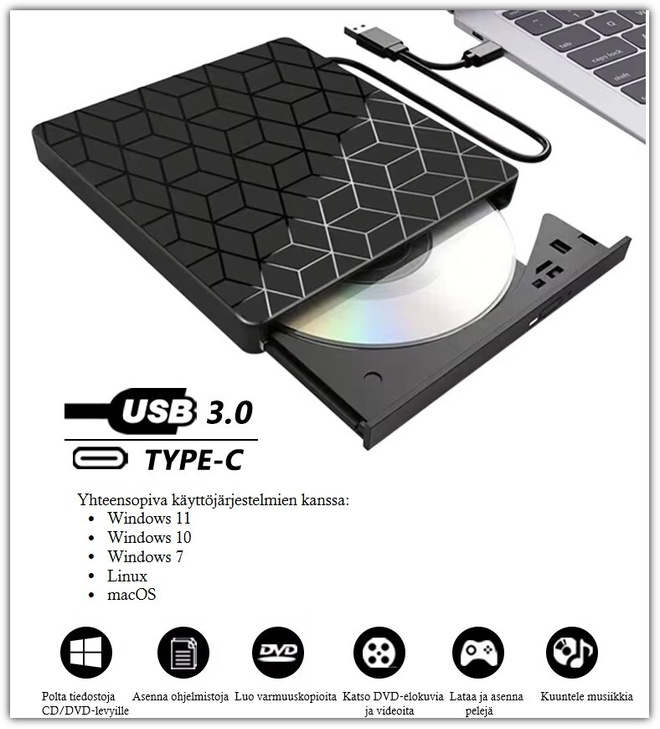 7-in-1 Ulkoinen CD/DVD-asema USB-hubilla #31547