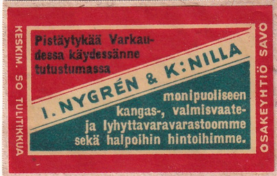 Varkaus, I. Nygre`n & K:nilla  . Osakeyhtiö Savo    b585