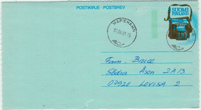 1981 postilaukku postikirje Marianhaminasta Loviisaan