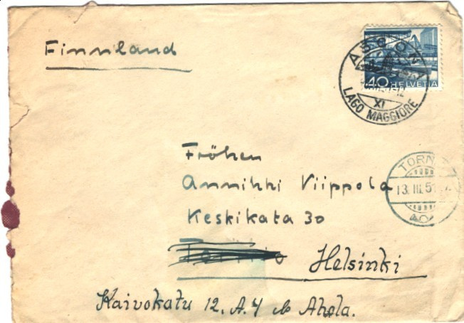 POSTILÄHETYS SVEITSI-TORNIO KÄÄNETTY -HELSINKI