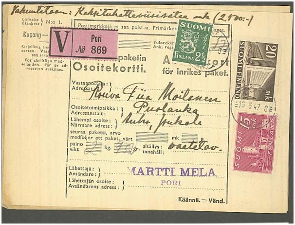 1945 20mk postitalo ym vakuutettu paketti