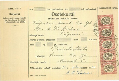1917 1mk 5-rivilö pakettikortilla Helsinki As 1920