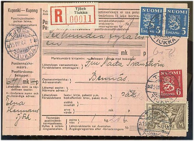 M30m30 1947 kirjattu postiennakkopaketti - TJÖCK